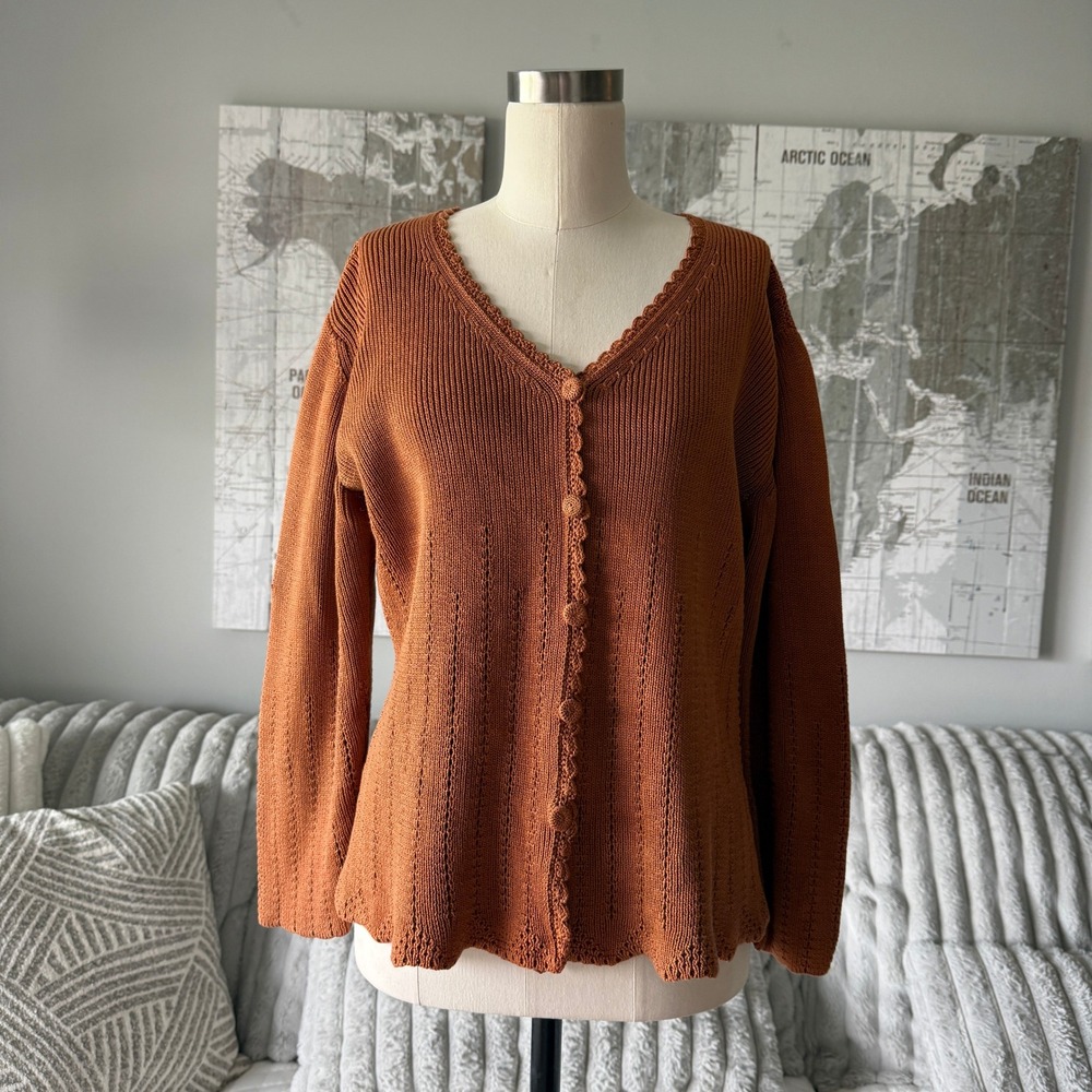Peruvian Connection Burnt Orange Pima Cotton Pointelle Scallop Cardigan Small
